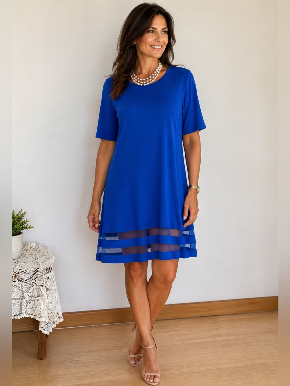 L'Amour Royal Blue Women's Tunic/Dress with Sheer Hem Stripes